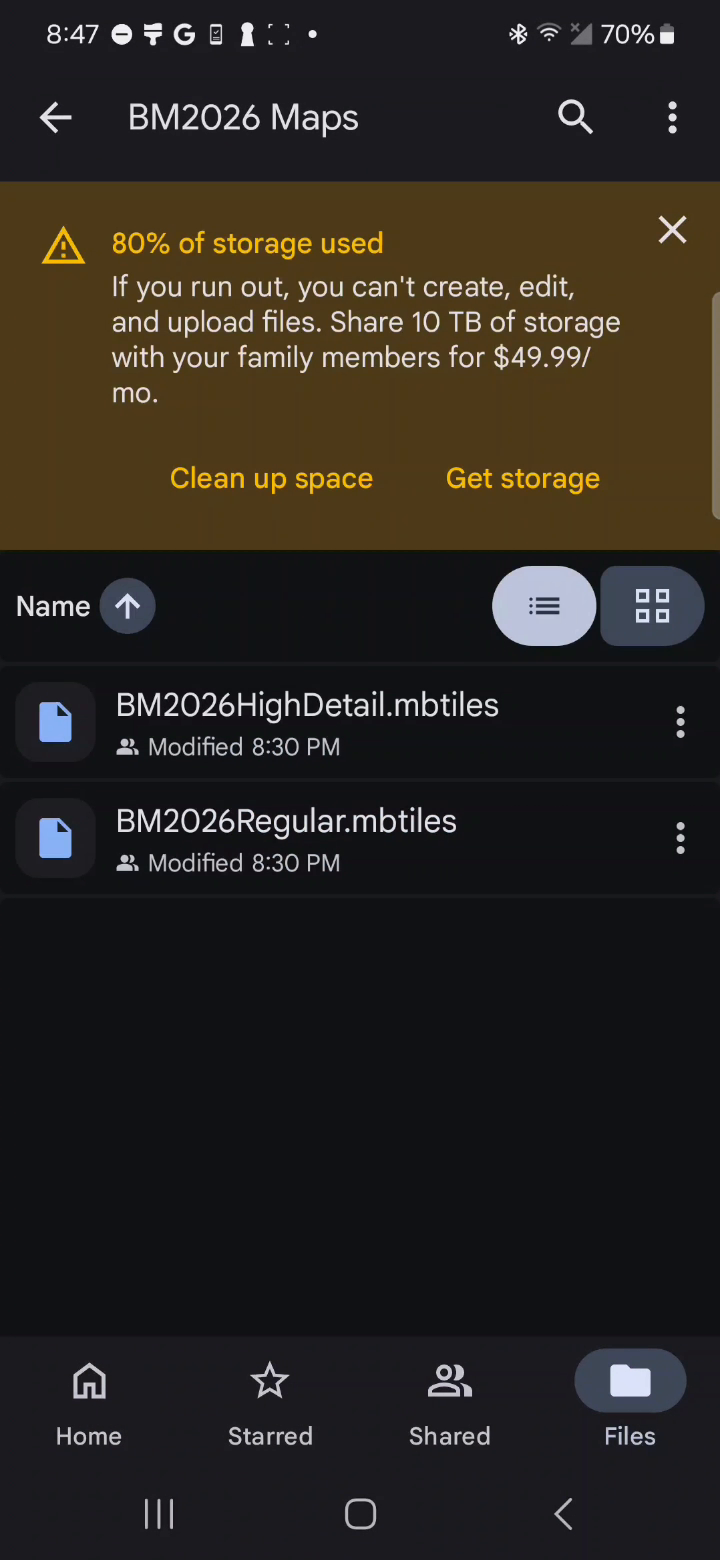 Google Drive showing the regular and high-detail 2026 MBTiles files